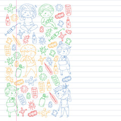 Vector pattern with little children. Illustration of Child diseases, flu, illness