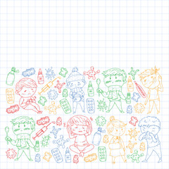 Vector pattern with little children. Illustration of Child diseases, flu, illness