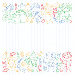 Vector pattern with little children. Illustration of Child diseases, flu, illness