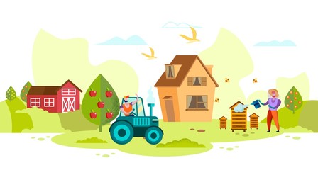 Obraz na płótnie Canvas People Work on Manor. Beekeeper and Trautarist in Garden. Grow Organic Vegetables. Vector Illustration. Healthy Food. Organic Honey. Produced by Natural Products. People and Organic Production.