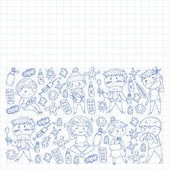 Vector pattern with little children. Illustration of Child diseases, flu, illness
