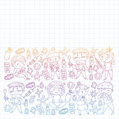 Vector pattern with little children. Illustration of Child diseases, flu, illness