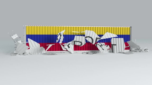 Venezuela container with the flag  falls on top of a container labeled EXPORT and breaks it