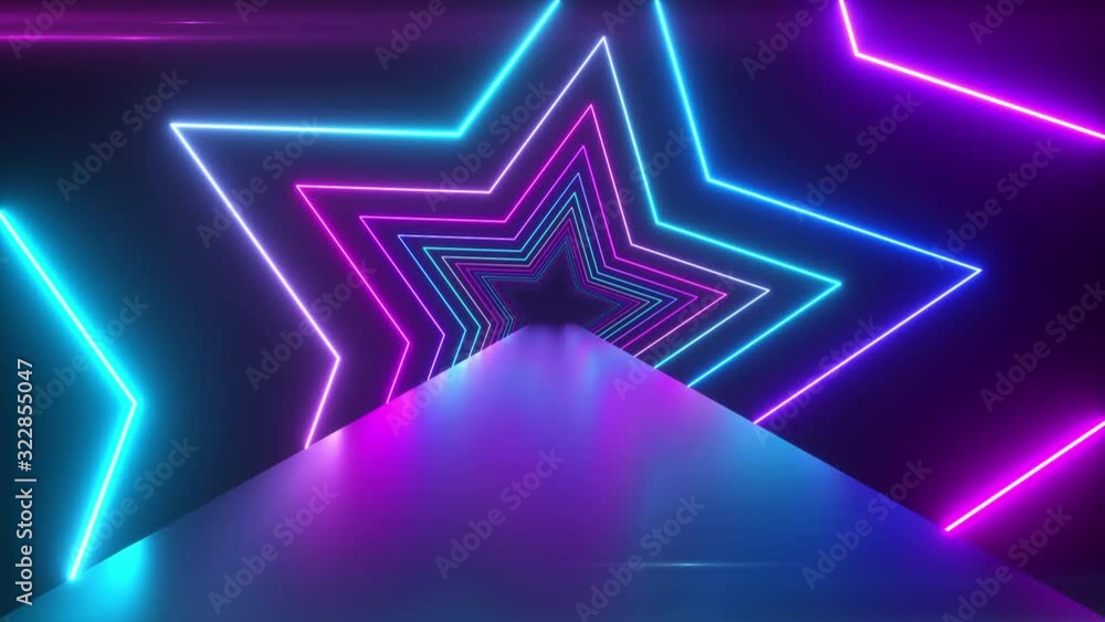 Poster abstract digital background with rotating neon stars. modern ultraviolet blue purple light spectrum.