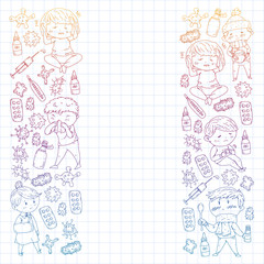 Vector pattern with little children. Illustration of Child diseases, flu, illness