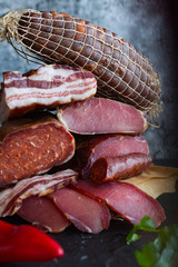 Different types of pork products sausages, ham, bacon