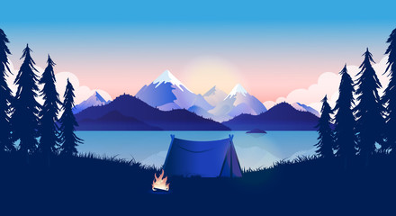 Camping by lake - Tent in sunrise with campfire burning, beautiful nature view in early morning. Mountains and ocean in the background. Calm, travel, getaway concept. Vector illustration. - obrazy, fototapety, plakaty