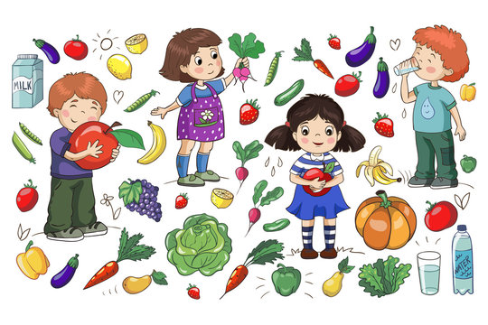Children with fruits and vegetables. Healthy food.