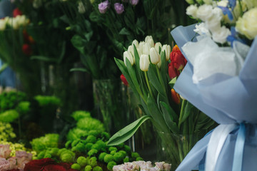 Different varieties fresh spring flowers in refrigerator room for flowers. Beautiful flowers in...
