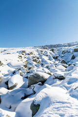 Beautiful Winter Mountain Landscape with Stones in a Sunny Day.Stone River 