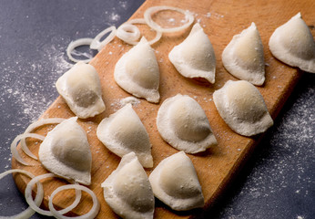 frozen khinkali and dumplings on a dark background with ingredients and spices. Semi-finished products