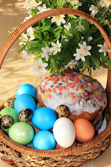 Easter composition on a sunny rustic table. Happy blue eggs in the basket, Easter cake and sweets, spring flowers, rustic style, minimalism. Spring holiday background.