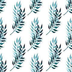 Turquoise tropical seamless pattern on a white background. Minimalistic twigs and leaves. Ideal for postcards, textiles, ceramics, wrapping paper and scrapbooking.
