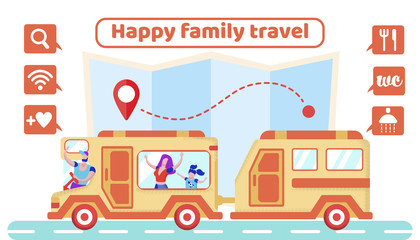 Advertising Poster is Written Happy Family Travel. Comfortable Travel by Bus. Family with Children Riding in Van with Trailer on Journey against Background Route Mapped. Vector Illustration.