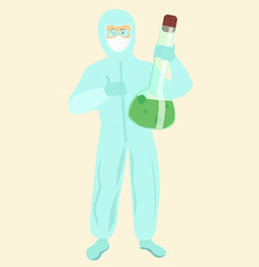Clinical study of diseases and viruses. A doctor in a protective suit examines the history of the virus and finds an antiviral agent. Vector flat illustration.
