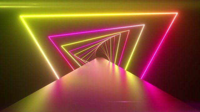 Flying through glowing rotating neon triangles creating a tunnel, blue red pink violet spectrum, fluorescent ultraviolet light, modern colorful lighting, 4k loop animation