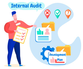 Man with Notebook Report in Hand. Internal Audit. Internal Audit. Employee Evaluates Development Plan. Successful Business. Vector illustration. Information Study and Pricing. Analysis and Statistics.