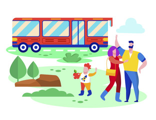 Happy Family Come to Countryside by Bus. Public City Transport. Mother, Father and Little Son Outdoors Activity, Summertime Activity, leisure, Travel, Nature, Vacation Cartoon Flat Vector Illustration