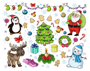 Merry Christmas and happy new year. Santa Claus, deer, snowman, penguin. Vector pattern.
