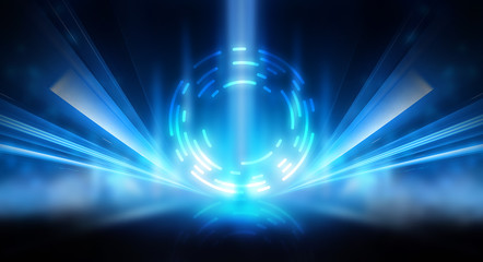 Dark abstract futuristic background. The geometric shape of the cyber circle in the middle of the scene. Neon blue-pink rays of light on a dark background