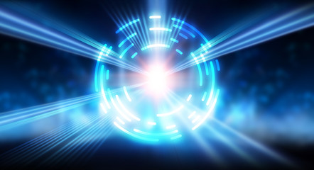 Dark abstract futuristic background. The geometric shape of the cyber circle in the middle of the scene. Neon blue-pink rays of light on a dark background