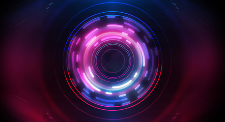 Dark abstract futuristic background. The geometric shape of the cyber circle in the middle of the scene. Neon blue-pink rays of light on a dark background