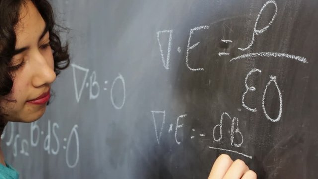 Smart young latin woman writing Maxwell's equations on chalkboard