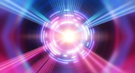 Dark abstract futuristic background. The geometric shape of the cyber circle in the middle of the scene. Neon blue-pink rays of light on a dark background