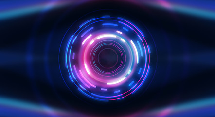 Dark abstract futuristic background. The geometric shape of the cyber circle in the middle of the scene. Neon blue-pink rays of light on a dark background