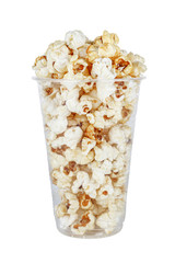 Sweet popcorn in sugar caramel in a disposable transparent plastic cup isolated on white background
