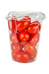 Fresh and ripe red cherry tomatoes in a closed transparent plastic storage container isolated on white background