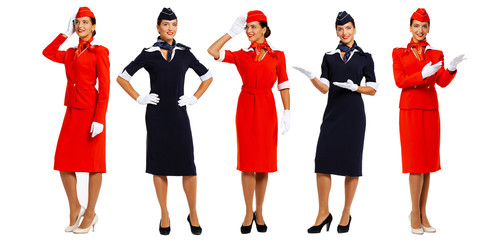 Collage - Young beautiful Russian stewardess in blue uniform
