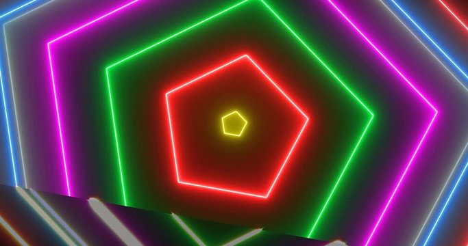colorful pentagonal neon light waves. 2D Rendering.