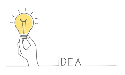 Idea concept with hand holding light bulb. Hand drawn vector illustration.