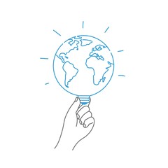 Hand holds a globe in the shape of a light bulb. Hand drawn vector illustration.