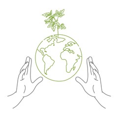 Hand drawn of hands and globe with a sprout. Save the planet concept.