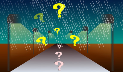 Rainy Road In Frontal Prospective With Yellow Question Marks and Question Marks Signs on Asphalt Road Representing the Concept of Uncertainty Ahead.