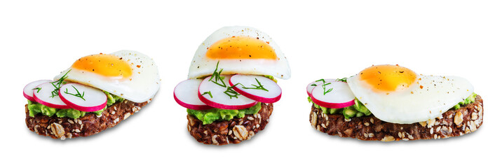 Radish avocado egg rye sandwiches on a white isolated background