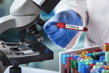 microbiologist with a tube of blood analyzed under a microscope and contaminated by Coronavirus...