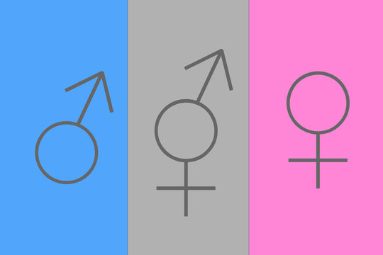 Neue gendergerechte Schriftsprache: m&auml;nnlich, weiblich, divers Zeichen in grau auf farbigem Hintergrund