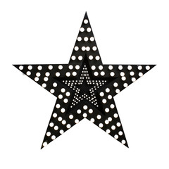 isolated decorative star with lamps, a huge star with a garland, a black star studded with burning bulbs, a decorative luminous star, the light is on.Studio decor