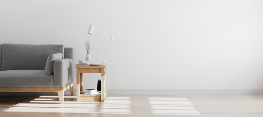 hipster style interior background with grey sofa, scandinavian style interior , wall mock up, 3d rendering © Oleksandr