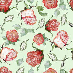  pattern seamless print textile paper flowers roses buds petals and leaves flower bloom flora spring summer holidays march 8 congratulations on a light green background separately watercolor hand-draw