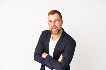 Senior business man isolated on white background laughing and having fun.