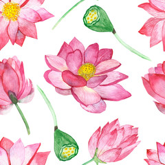 Watercolor hand painted nature floral asia seamless pattern with pink lotus blossom flower with yellow center, green branches and bugs isolated on the white background, trendy print for design