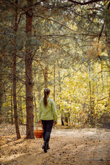 Obraz premium Beautiful girl in the autumn forest to gather mushrooms. Stay in the fresh air.