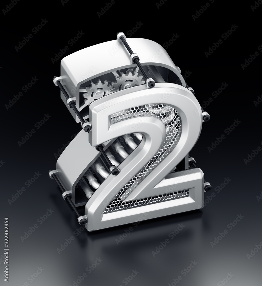 Poster the number two. orthographic view at designed in 3d techno-style digit assembled from mechanical par