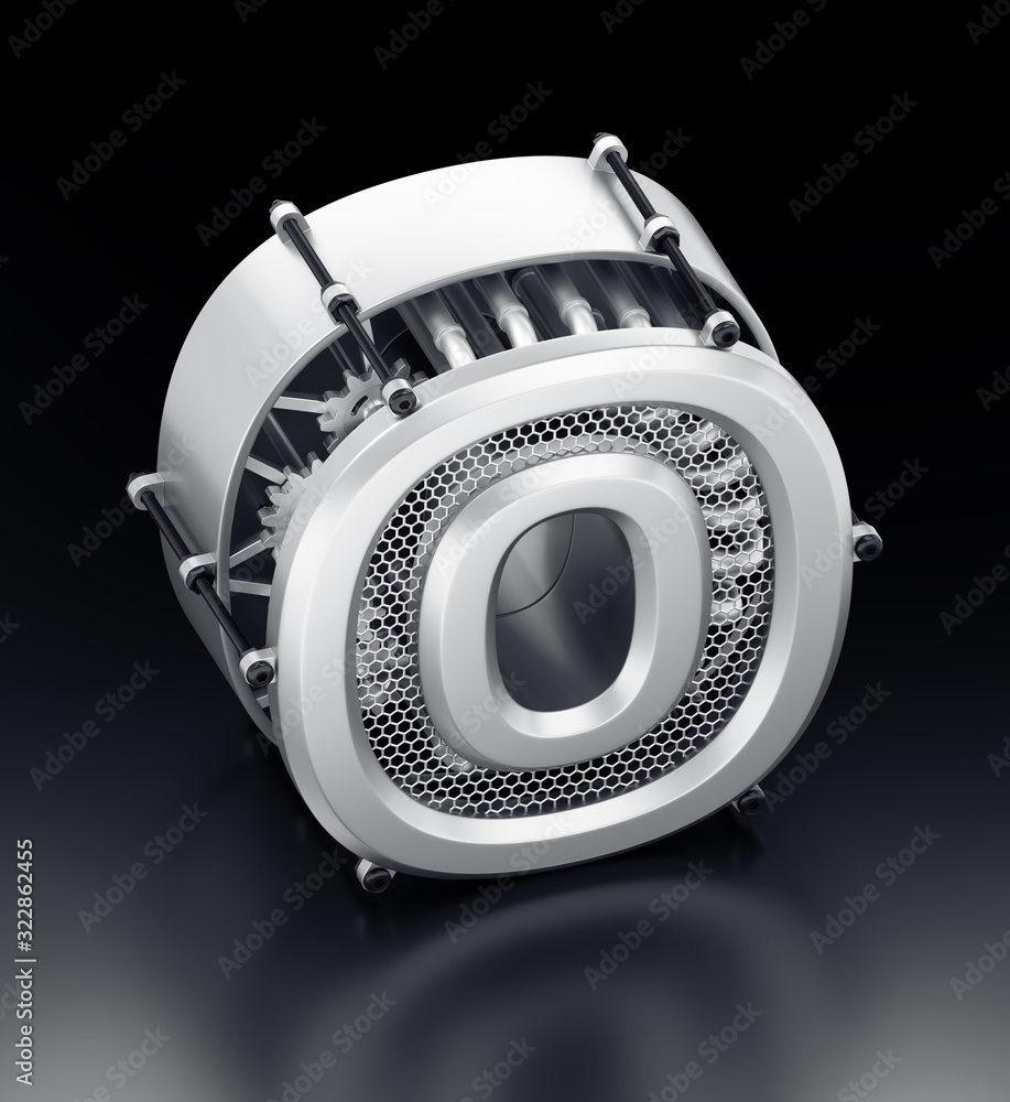 Poster the zero number. orthographic view at designed in 3d techno-style digit assembled from mechanical pa
