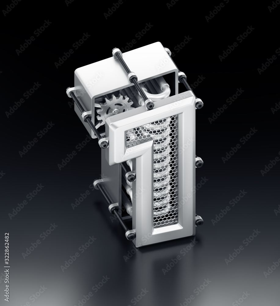 Poster the number one. orthographic view at designed in 3d techno-style digit assembled from mechanical par