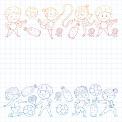 Children and sport. Vector illustration of activities. Football, soccer, running, dancing, martial arts. Health care in school and kindergarten.
